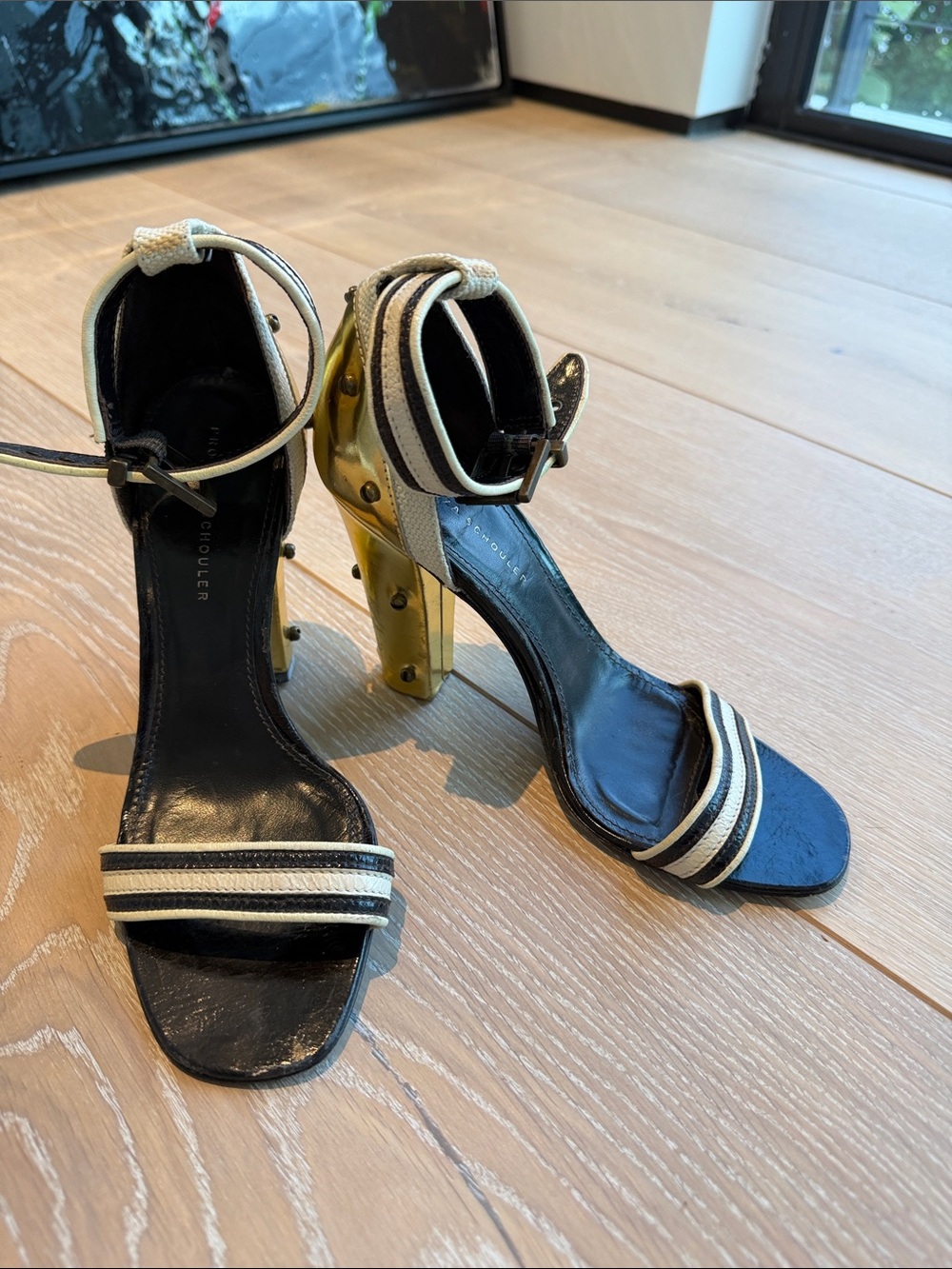 Proenza Schouler Black and Cream Ankle-Strap Sandals with Gold Block Heel